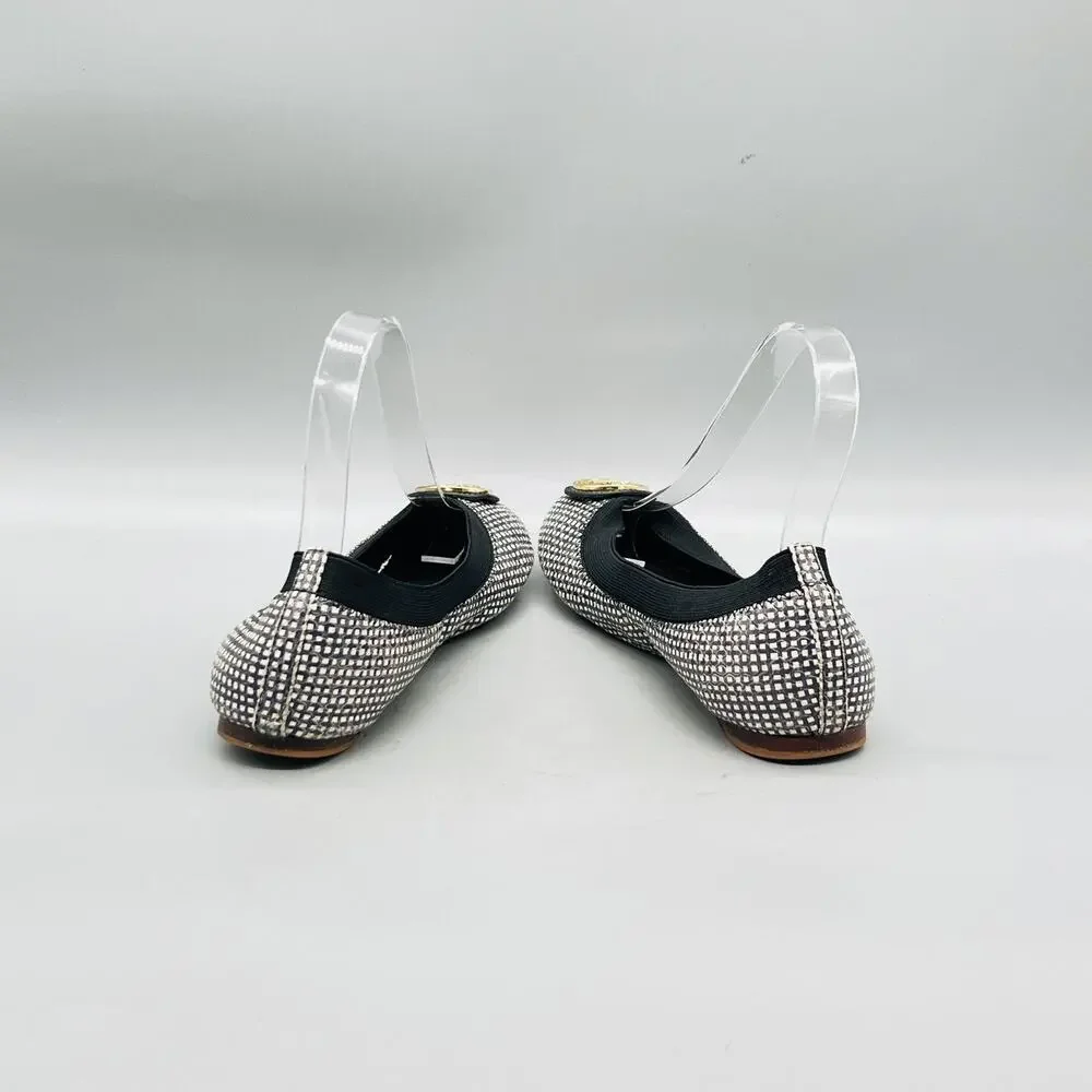 Tory Burch Shoes Womens 6 Silver Leather Check Logo Ballet Flats Slip On Party